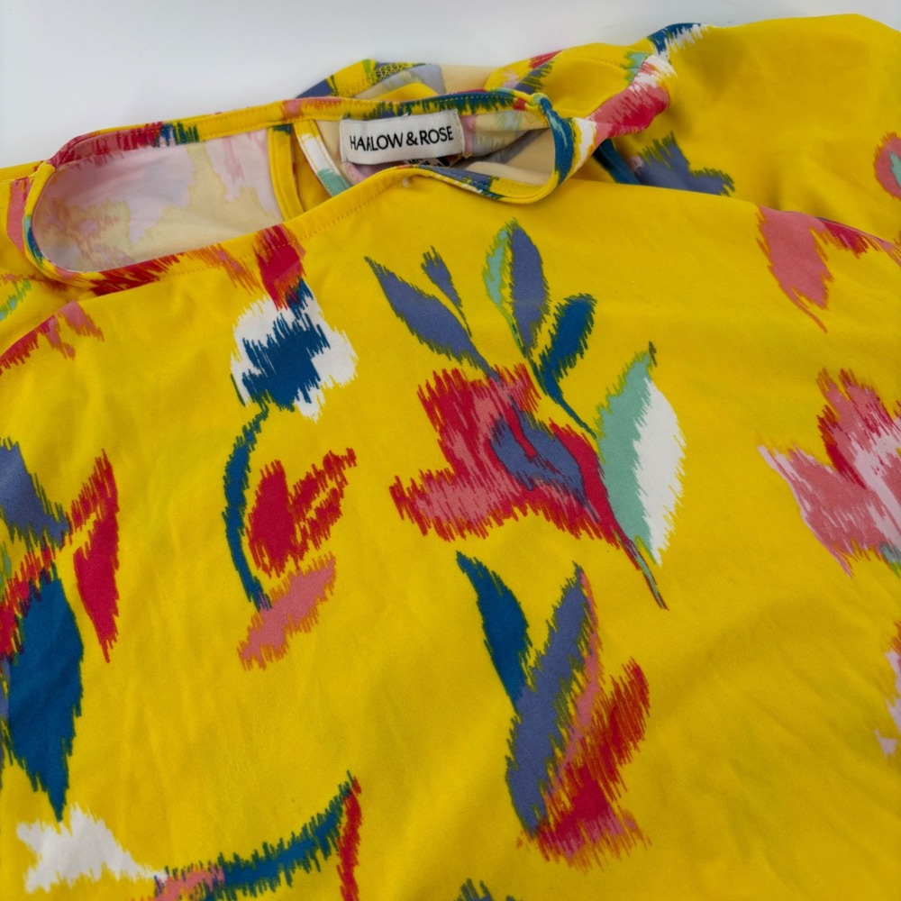 Harlow&Rose Women Boho Dress M Yellow Floral Sleeveless Mini Shift Keyhole Back